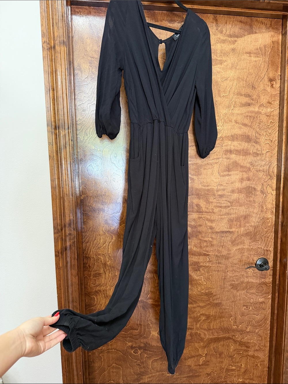 Women's Black Long-Sleeve V-Neck Jumpsuit with Elastic Waist